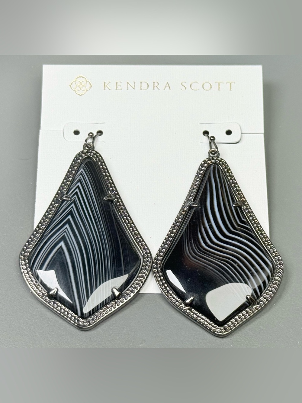 Kendra Scott Alexandra Gunmetal Earrings in Black Banded Agate